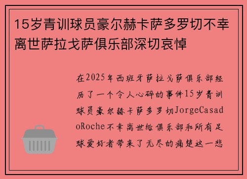 15岁青训球员豪尔赫卡萨多罗切不幸离世萨拉戈萨俱乐部深切哀悼 15岁青训球员豪尔赫卡萨多罗切不幸离世萨拉戈萨俱乐部深切哀悼