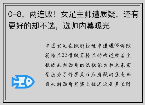 0-8，两连败！女足主帅遭质疑，还有更好的却不选，选帅内幕曝光